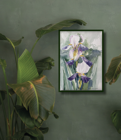 Schwertlilie in weiß lila gemalt Aquarell