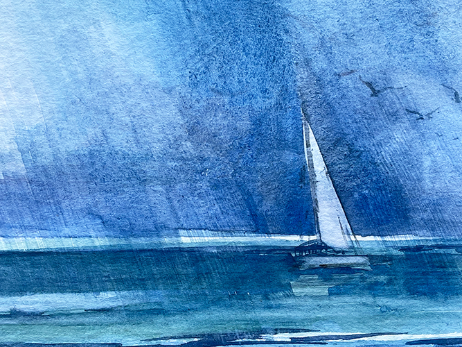 Segler im Regen Boot weiße Segel Aquarell malen