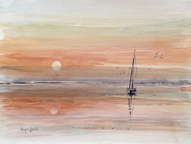 Sonnenuntergang segelboot Aquarell orange malen