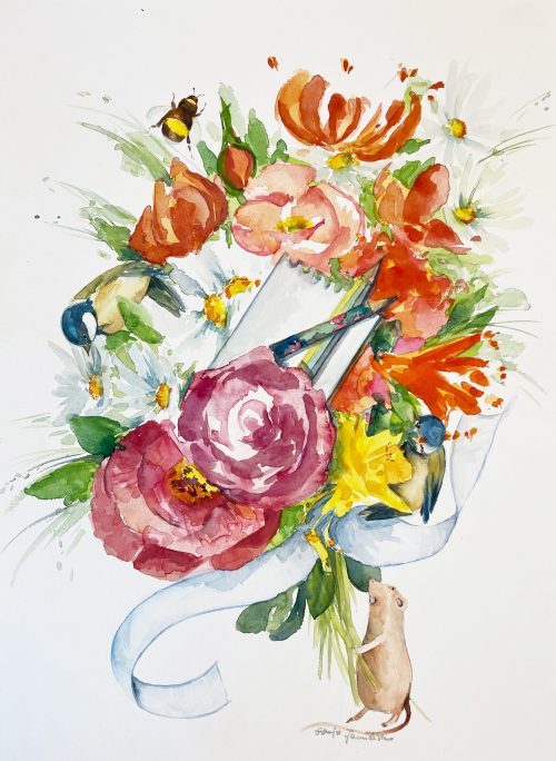 Blumenstrauß mit Maus Tiere malen Blumen Aquarell