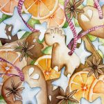 Weihnachtsmotiv Orangen Lebkuchen Aquarell