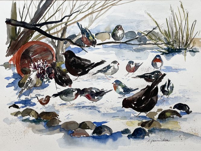 vögel im schnee aquarell malerei