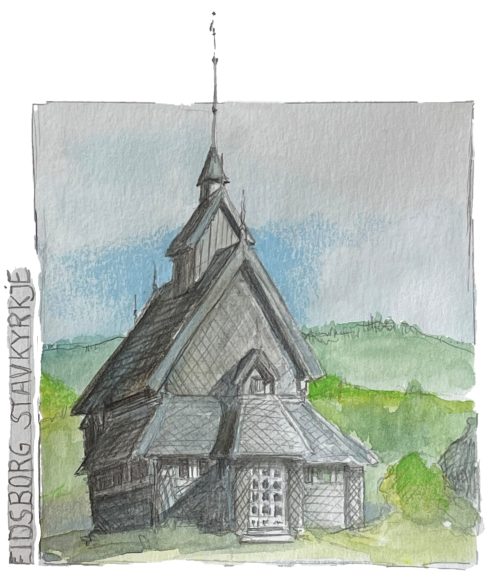 Eidsborg Stavkyrkje in Norwegen Stabkirche Zeichnung Aquarell