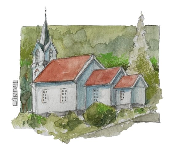 Kirche Laerdal Norwegen Zeichnung Aquarell malen
