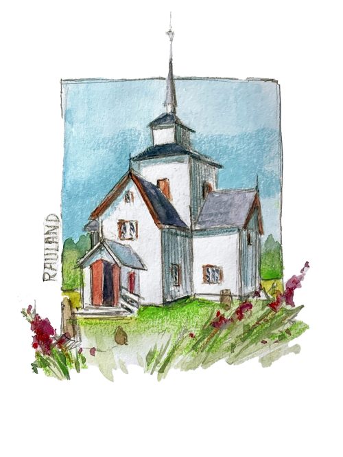 Kirche Rauland in Norwegen Aquarell Zeichnung