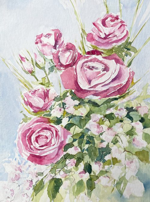 rosa Rosen mit Schleierkraut Aquarell