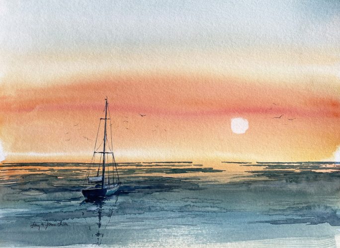 Sonnenuntergang mit Segelboot roter Himmel Aquarell malen