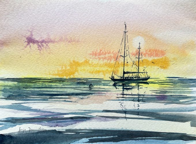 Sonnenuntergang mit Segelboot Doppelmaster Aquarell