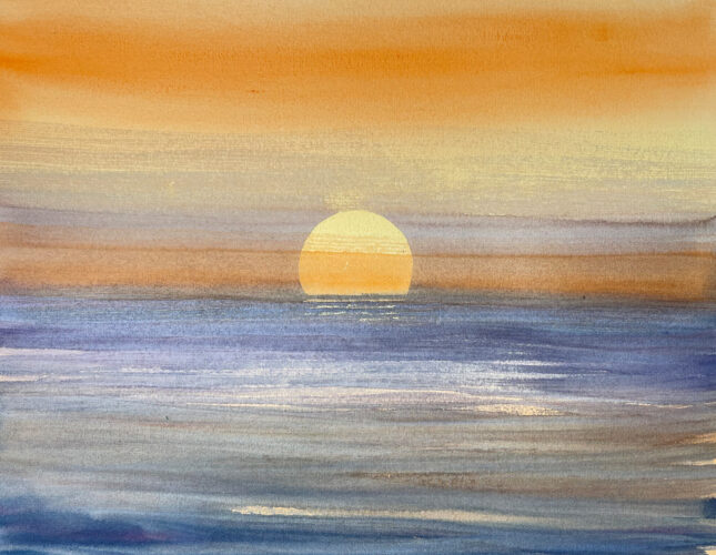 Sonnenuntergang mit Sonne gemalt Aquarell