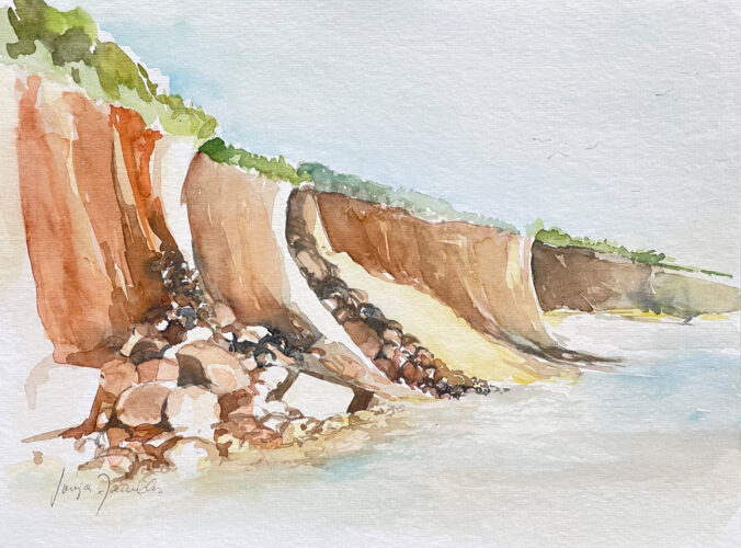 Abbruchkante mit Steinen am Meer gemalt Aquarell