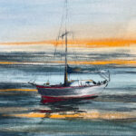 Segelboot auf Rede im Sonnenuntergang Aquarell gemalt