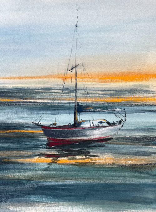 Segelboot auf Rede im Sonnenuntergang Aquarell gemalt