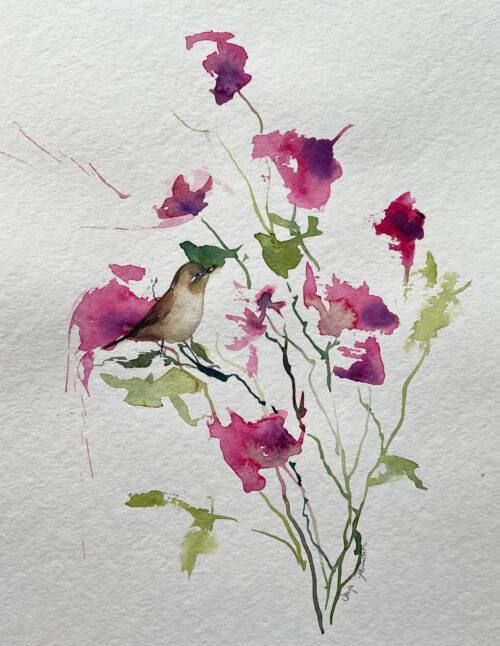 Vogel zwischen Blüten Aquarell gemalt
