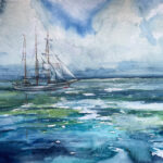 Dreimaster schiff Segelschiff gemalt im Aquarell