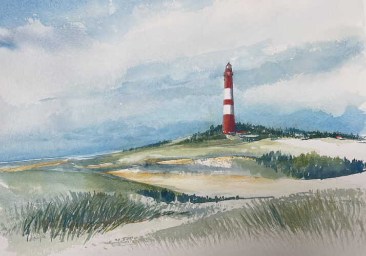 Amrumer Leuchtturm rot weiß im Aquarell gemalt