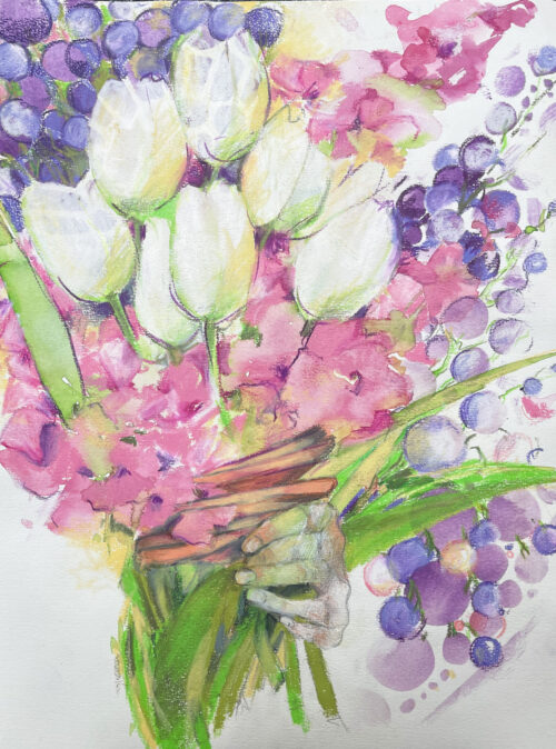 bunter Blumenstrauß im Aquarell mit weißen Tulpen