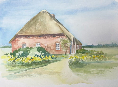 Reetdachhaus in nordfriesland aquarell gemalt