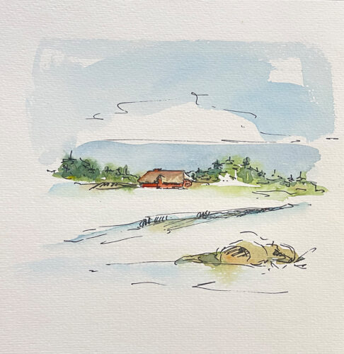 Nordfriesland mit Reetdachhaus Landschaftsbild im Aquarell