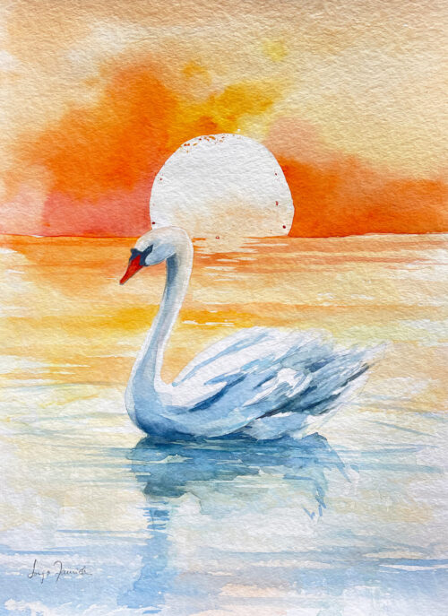 Schwan im Sonnenuntergang gemalt